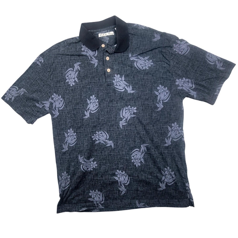 Batik Bay Mens L Polo Shirt Charcoal Gray Tropical Floral Cotton Short Sleeve